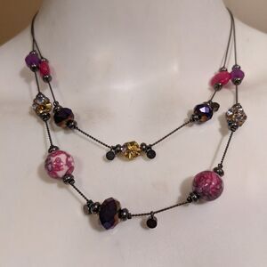 Vintage layered necklace w/flower, irredecant, speckle, hand painted ++ necklace